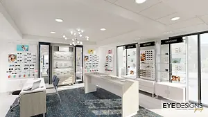 A room with a glass door and a glass wall that has a chandelier, a desk, a chair, and a cabinet with a lot of glasses.