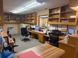 A room with desks, a doll, computers, a printer, and storage cabinets