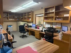 A room with desks, a doll, computers, a printer, and storage cabinets
