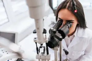 A woman wearing a white lab coat looks through a microscope in a laboratory
