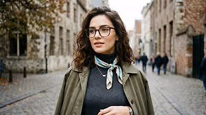 A woman with glasses and scarf standing in the street