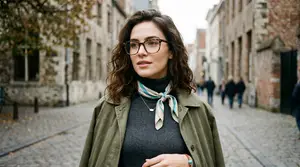 A woman with glasses and scarf standing in the street
