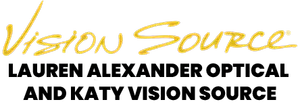 Vision Source Logo featuring the words 'Vision Source' in yellow with 'Auren Alexander Optical and Katy Vision Source' below it in white on a black background.