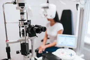 Woman sitting in front of an optometrist's eye examination equipment