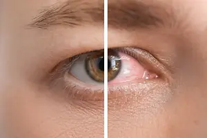 Close-up of eyes showing red eye syndrome symptoms, one eye normal and the other affected