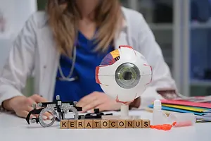A doctor is working with an eyeball model and other medical tools on a desk.