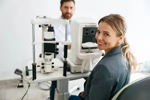 A woman is sitting in an examination room in a medical clinic with an ophthalmoscope in front of her.