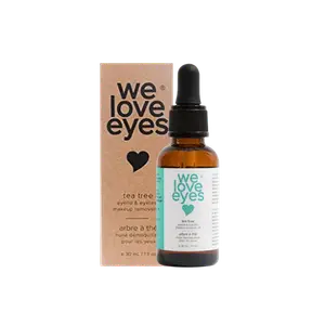 A bottle of We Love Eyes Tea Tree Eyelash & Eyelid Makeup Remover