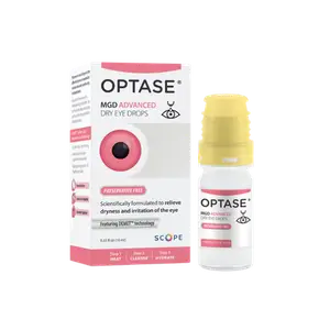 A white box with a label for Optase MGD Advanced Dry Eye Drops and a small bottle with a yellow cap.