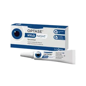 A blue and white box and tube of Optase Hylo Night eye ointment on a black background