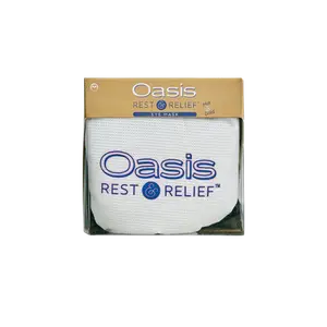 An image of a product box with a blue logo that says 'Oasis REST & RELIEF' and a white eye mask inside.