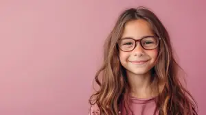 A young girl with long wavy hair and glasses is smiling brightly at the camera against a pink background.