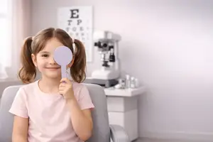 Girl sitting in an optometrist's office holding a magnifying glass
