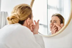 A woman applying cream on her face while looking in a mirror.
