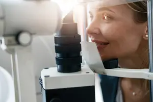 A woman wearing a necklace is looking through a magnifying glass at an object