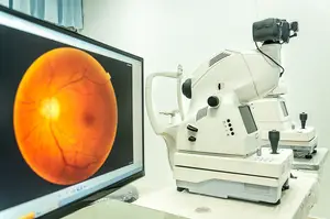 An image of an eye examination machine with a monitor displaying an image of a human eye.