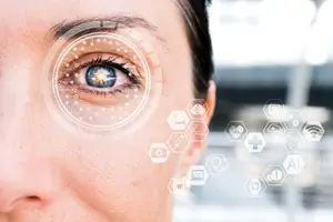 An image of a woman's eye with an eye-shaped pattern and icons surrounding it, possibly in a medical or technological context.