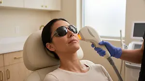 Patient wearing protective glasses while receiving a light-based eye treatment