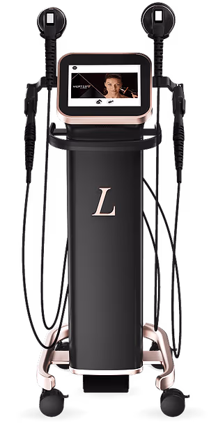 Black and rose gold optometry eye examination device with display screen, handheld probes, and wheels
