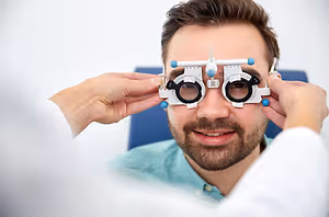 A male patient getting his eyes checked by an optometrist