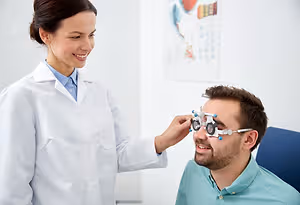 A woman is checking a man's eye with a machine in a clinic