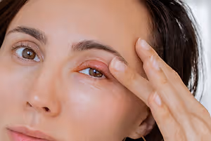 woman touching her eye