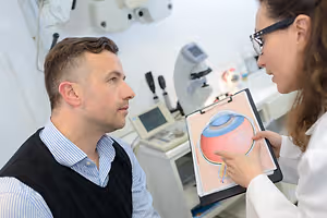 Eye exam: patient with optometrist discussing eye anatomy in clinic office