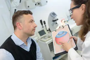 Eye exam: patient with optometrist discussing eye anatomy in clinic office