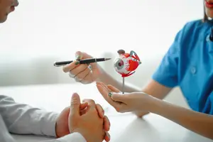 A person holding a model of an eyeball, pointing to it with a pen, while another person is looking at it.