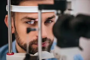 A man with a beard is having his eyes examined by a doctor using an ophthalmoscope