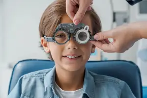 A young boy with eyeglasses is having his eyes examined by an adult, likely in a clinic.