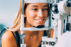 A woman is having her eyes examined by an optometrist using a medical instrument
