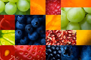 An assortment of fruits including grapes, blueberries, raspberries, pomegranates, strawberries, and kiwis are displayed in a grid pattern.