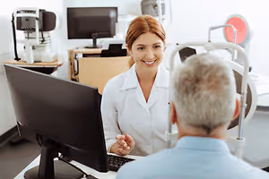 A woman in a white lab coat is talking to an elderly man in a blue shirt in an office setting.
