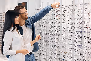 A couple in a store is examining a display of glasses.