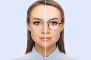 Split image of a woman's face showing a before and after effect of wearing glasses