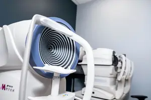 A white and blue medical machine with a spiral design in a room with a white wall and other medical machines.