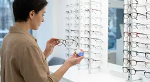 A woman holding a pair of glasses and contact lens solution container in front of a wall with many pairs of glasses on display.