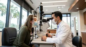 A woman is getting an eye exam from a doctor in a white coat at a medical office. Both are wearing masks.