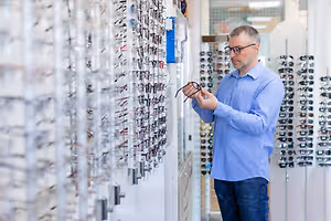 A man in a blue shirt is examining glasses in a store.