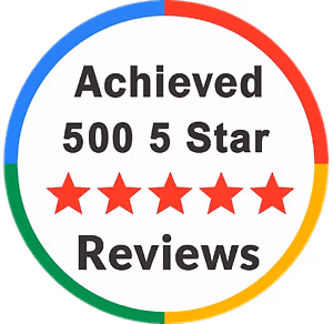 Badge stating "Achieved 500 5 Star Reviews" with five red stars