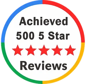 Badge stating "Achieved 500 5 Star Reviews" with five red stars