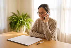 Woman wearing glasses talking on a smartphone at a desk with a calendar