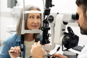 A woman is having her eyes examined by a man using a slit lamp.