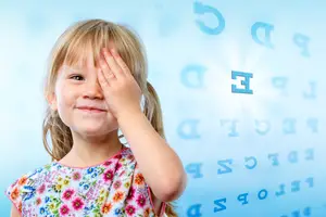 Image of a young girl wearing a floral shirt looking at an eye chart.