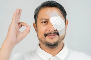 A man wearing an eye patch and making a peace sign gesture with his hand