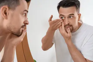 A man is looking at his reflection in a mirror and touching his face.