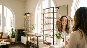 Woman at optometrist's office looking in mirror, trying on glasses