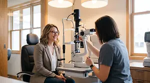 Optometrist examining a patient's eyes using a slit lamp.