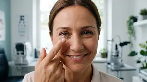 Old woman in glasses touching her eye and smiling at the camera